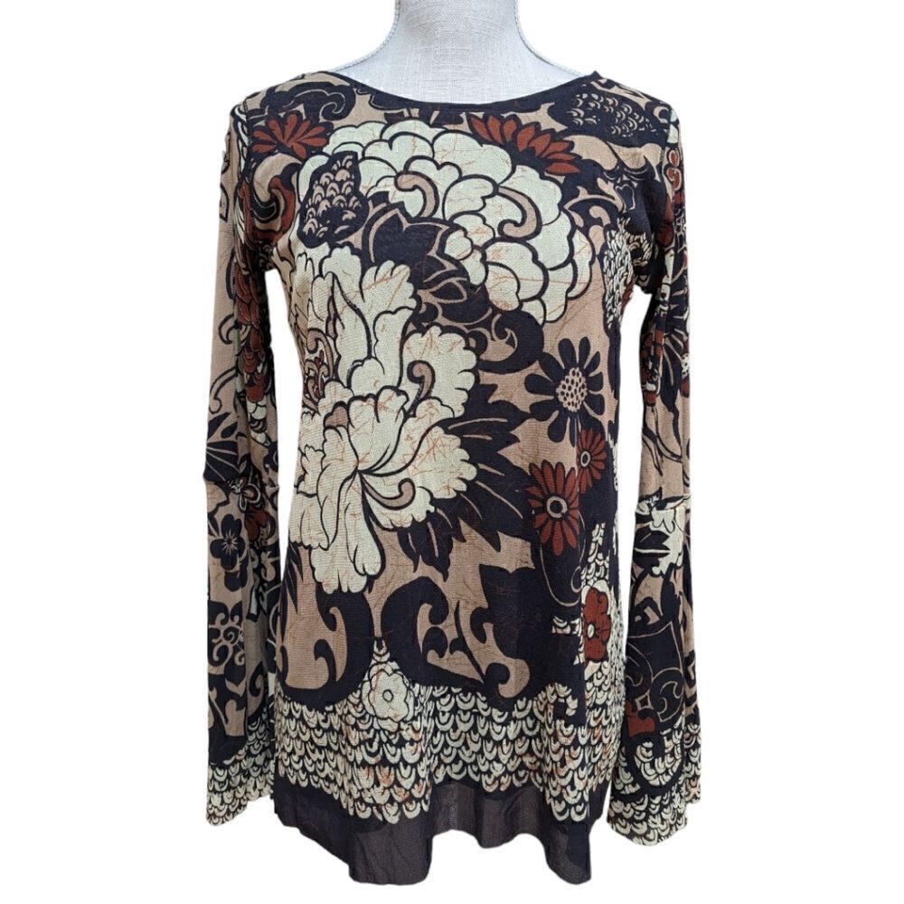 Fuzzy Italy Women's Bohemian Paisley Floral Pattern Bell Sleeves Blouse Size M